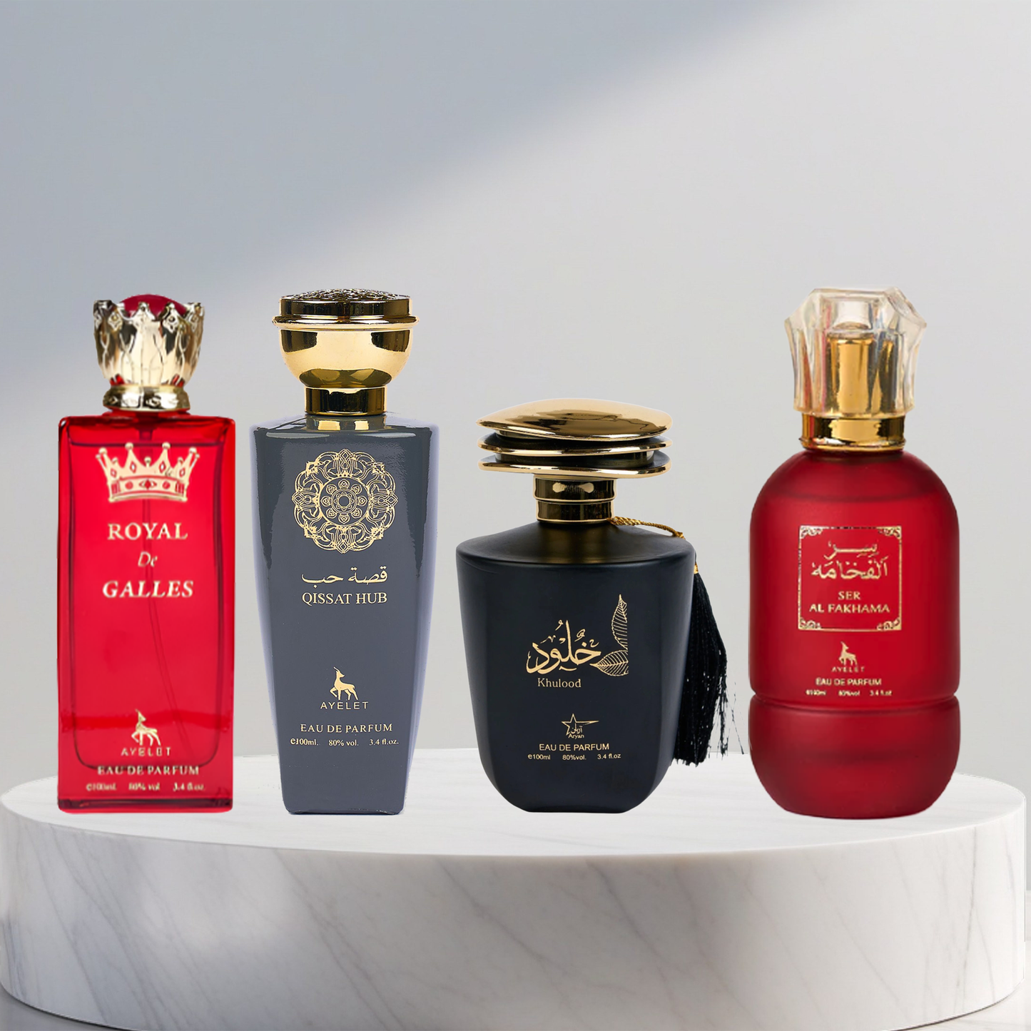 Set 4 Parfumuri Arabesti De Barbati 100ML - Ser Al Fakhama + Qissat Hub Grey + Khulood + Royal De Galles