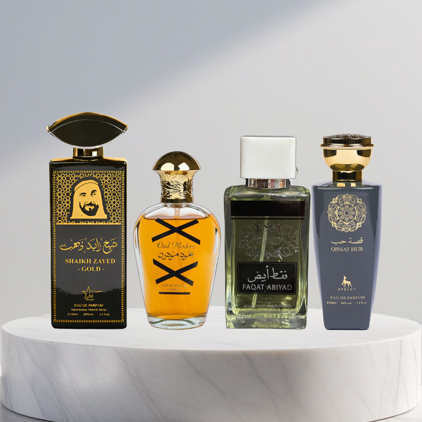 Set 4 Parfumuri Arabesti De Barbati - Sheikh Zayed Gold + Oud Modern + Faqat Abiyad + Qissat Hub Grey