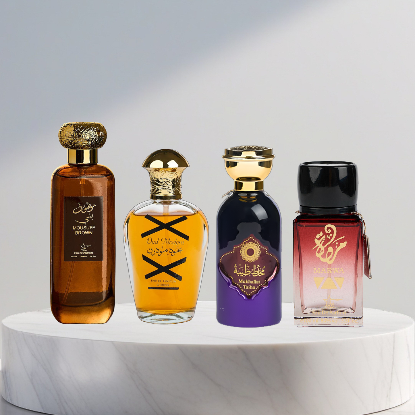 Set 4 Parfumuri Arabesti (2x Barbat + 2x Dama) - Mousuff Brown + Oud Modern + Mulhallat Taiba + Marwa