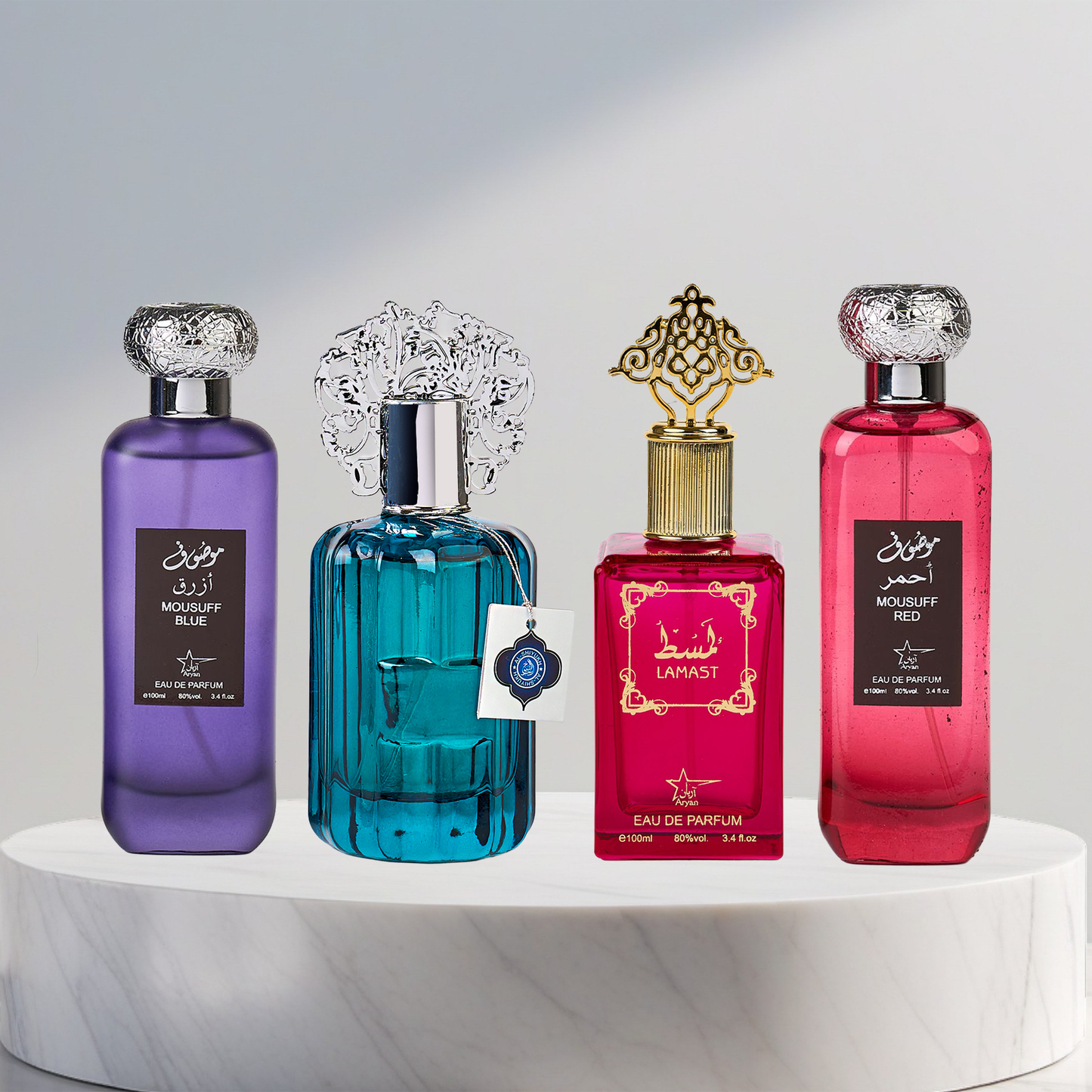 Set 4 Parfumuri Arabesti (2x Barbat + 2x Dama) - Mousuff Blue + Majd Al Emarat + Lamast + Mousuff red