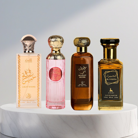 Set 4 Parfumuri Arabesti (2x Dama + 2x Barbat) - Lailat Al Khamise + Attar Gissah Red + Mousuff Brown + Al Hamra