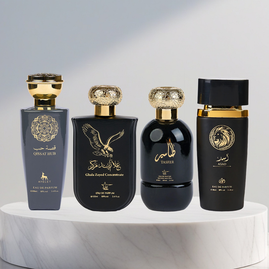 Set 4 Parfumuri Arabesti De Barbati 100ML - Qissat Hub Grey + Ghala Zayed + Taseer + Asad