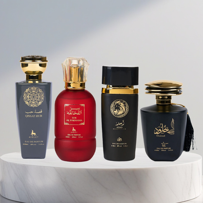 Set 4 Parfumuri Arabesti De Barbati 100ML - Qissat Hub Grey + Ser Al Fakhama + Khulood + Asad