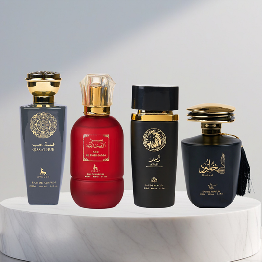 Set 4 Parfumuri Arabesti De Barbati 100ML - Qissat Hub Grey + Ser Al Fakhama + Khulood + Asad