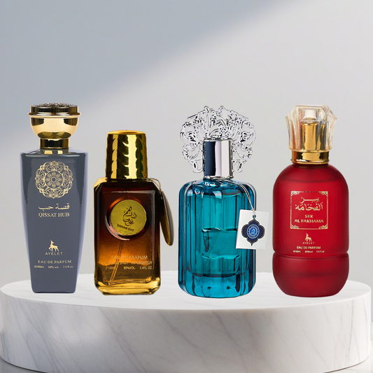 Set 4 Parfumuri Arabesti De Barbati 100ML - Qissat Hub Grey + Dirham Oud + Majd Al Emarat + Ser Al Fakhama