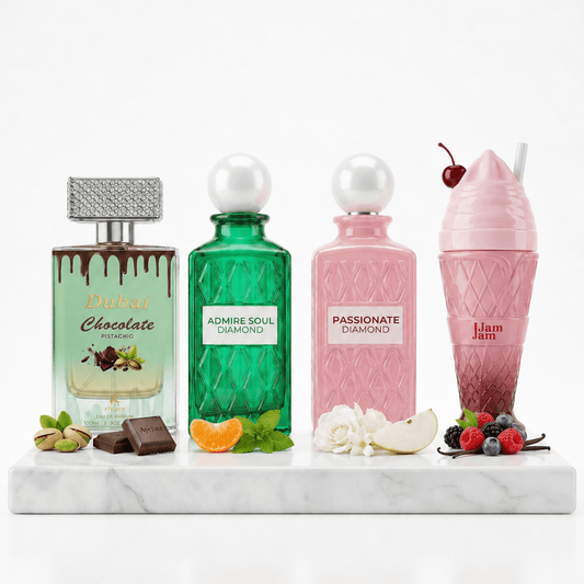Set 4 Parfumuri Arabesti (2x Barbat + 2x Dama) 100ML - Dubai Chocolate + Admire Soul + Passionate Diamond + Jam Jam