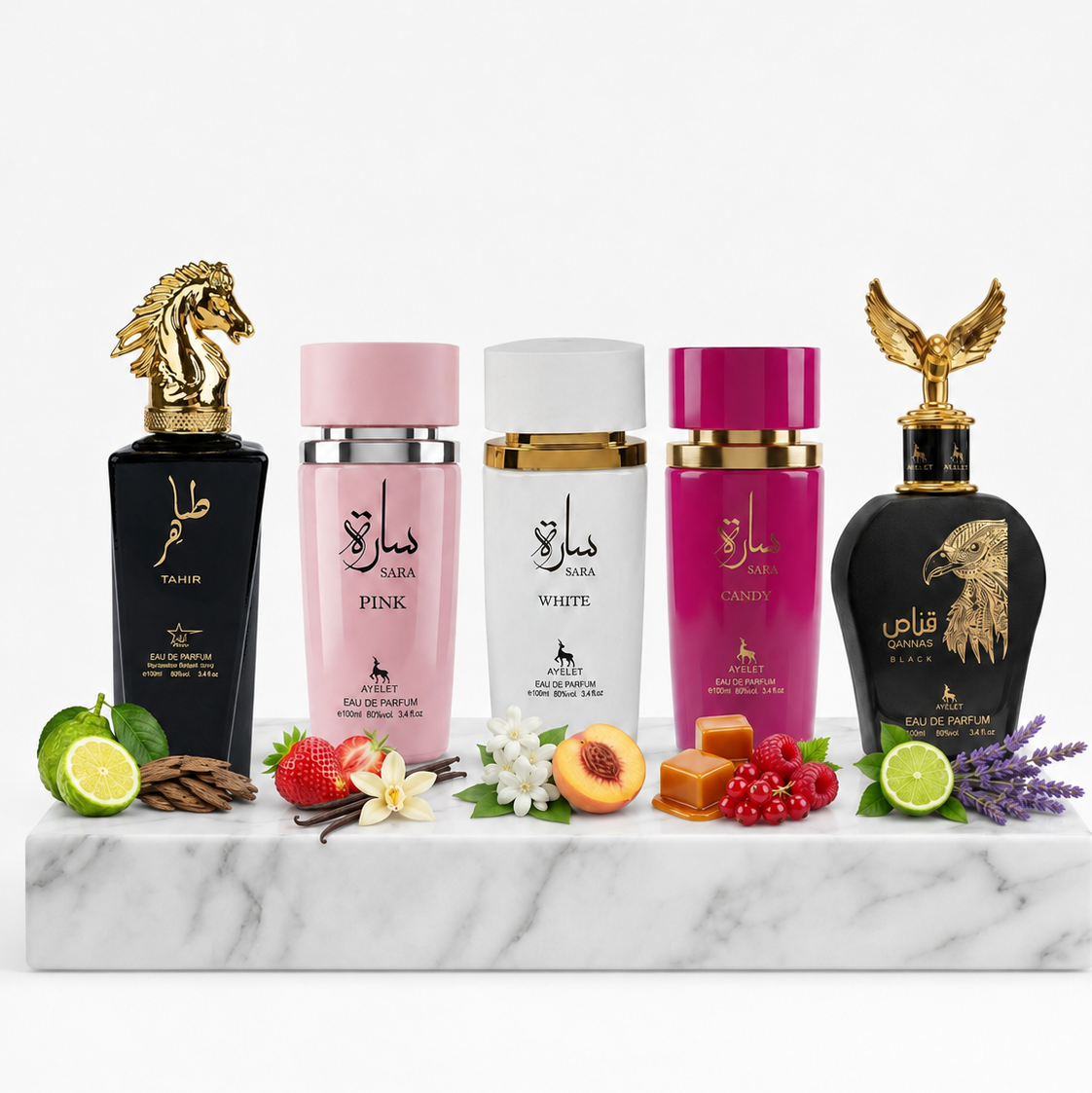 Set 5 Parfumuri Orientale 100ML (3 Dama + 2 Barbat) - Tahir + Sara Pink + Sara White + Sara Candy + Qannas Black