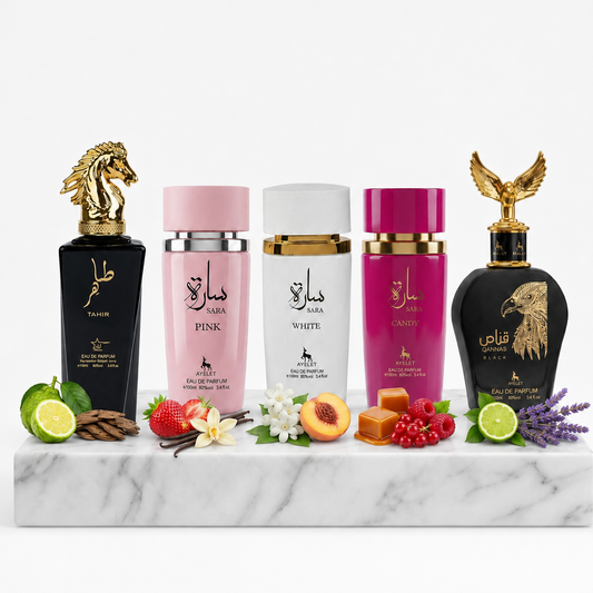 Set 5 Parfumuri Orientale 100ML (3 Dama + 2 Barbat) - Tahir + Sara Pink + Sara White + Sara Candy + Qannas Black