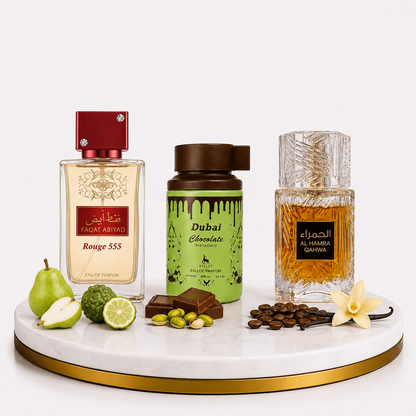 Set 3 Parfumuri Orientale De Barbati 100 ML - Faqat Abiyad Rouge 555 + Dubai Choco + Al Hamra Qahwa
