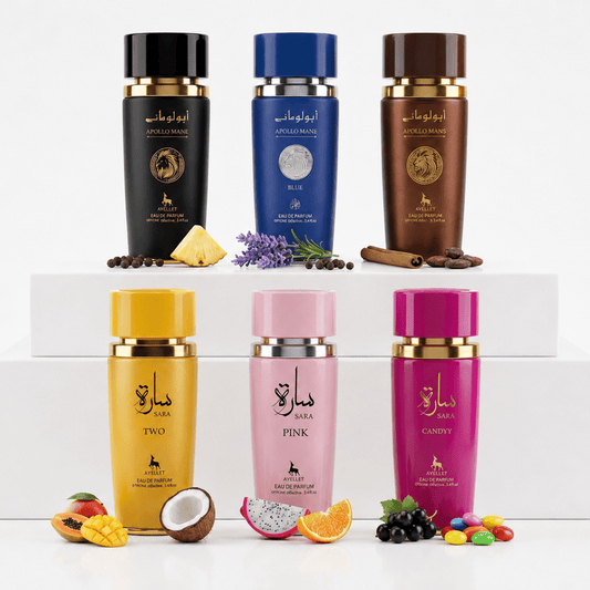 Set 6 Parfumuri Orientale 100ML (3 Dama + 3 Barbati) - Apollo Black + Apollo Blue + Apollo Brown + Sara Two + Sara Pink + Sara Candy