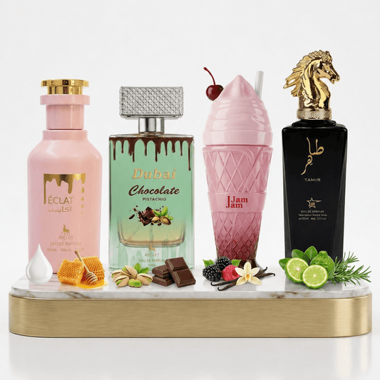 Set 4 Parfumuri Orientale 100ML (2x Dama + 2x Barbati) - Eclat + Dubai Chocolate + Jam Jam + Tahir