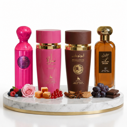 Set 4 Parfumuri Arabesti (2x Barbat + 2x Dama) 100ML - Sara Candy + Qissah Pink + Apollo Mane Brown + Mousuff Brown