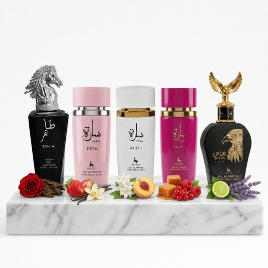 Set 5 Parfumuri Orientale 100ML (3 Dama + 2 Barbat) - Tahir + Sara Pink + Sara White + Sara Candy + Qannas Black