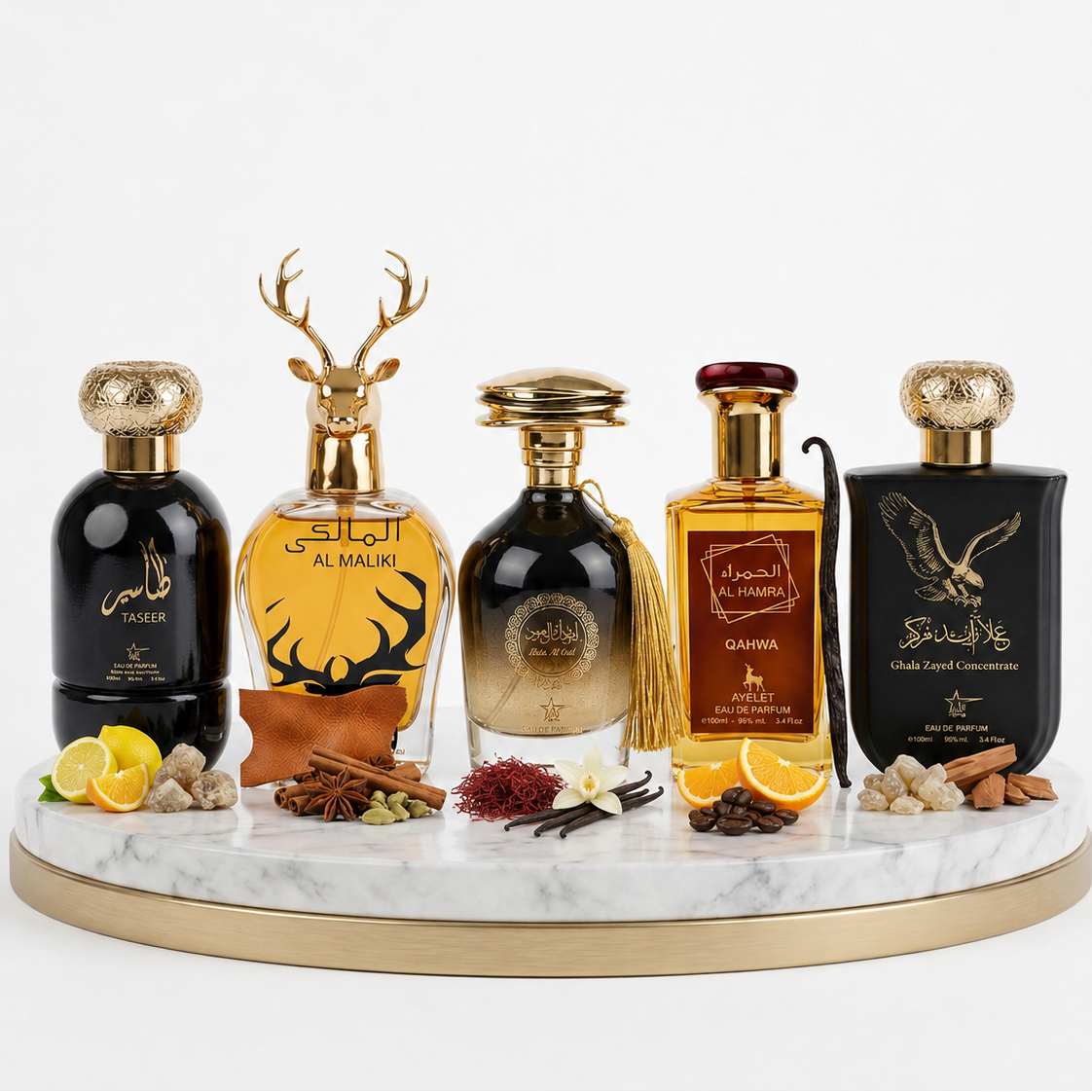 Set 5 Parfumuri Orientale Barbat 100ML - Taseer + Al Maliki + Ibda Al Oud + Al Hamra Qahwa + Ghala Zayed