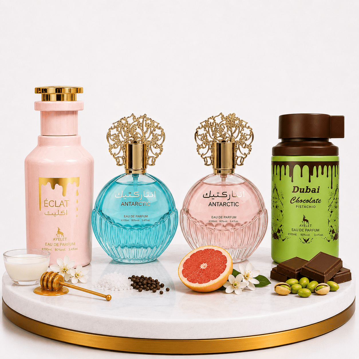 Set 4 Parfumuri Arabesti (2x Barbat + 2x Dama) 100ML - Eclat + Antarctic Blue + Antarctic Pink + Dubai Choco