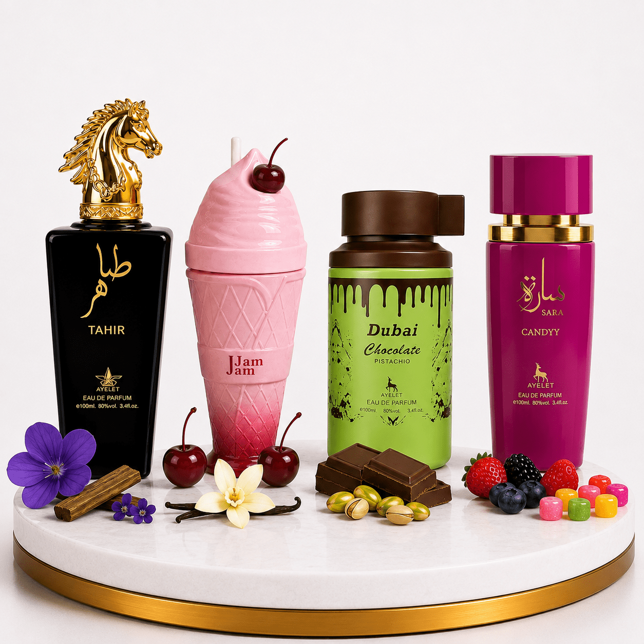 Set 4 Parfumuri Arabesti (2x Barbat + 2x Dama) 100ML - Tahir + Jam Jam + Dubai Choco + Sara Candy