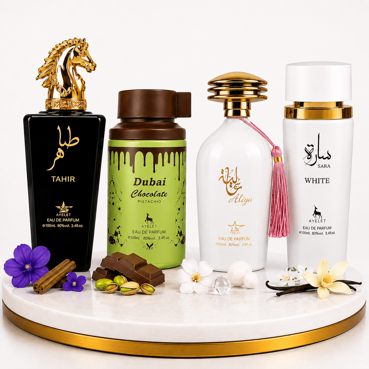 Set 4 Parfumuri Arabesti (2x Barbat + 2x Dama) 100ML - Tahir + Dubai Choco + Aliya + Sara White