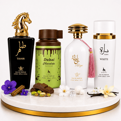 Set 4 Parfumuri Arabesti (2x Barbat + 2x Dama) 100ML - Tahir + Dubai Choco + Aliya + Sara White