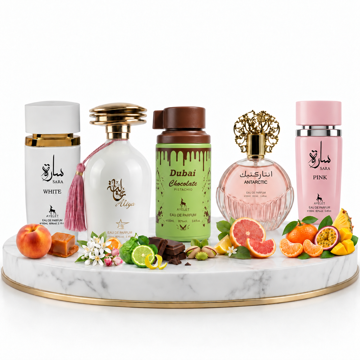 Set 5 Parfumuri Orientale Dama 100ML - Sara White + Aliya + Dubai Chocolate + Antarctic Pink + Sara Pink