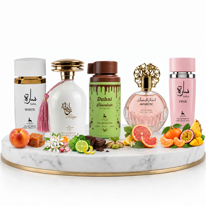 Set 5 Parfumuri Orientale Dama 100ML - Sara White + Aliya + Dubai Chocolate + Antarctic Pink + Sara Pink