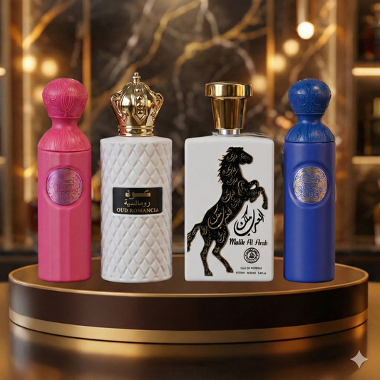 Set 4 Parfumuri Arabesti (2x Barbat + 2x Dama) 100ML - Qissah Pink + Oud Romancia + Malik Al Arab + Attar Gissah Blue
