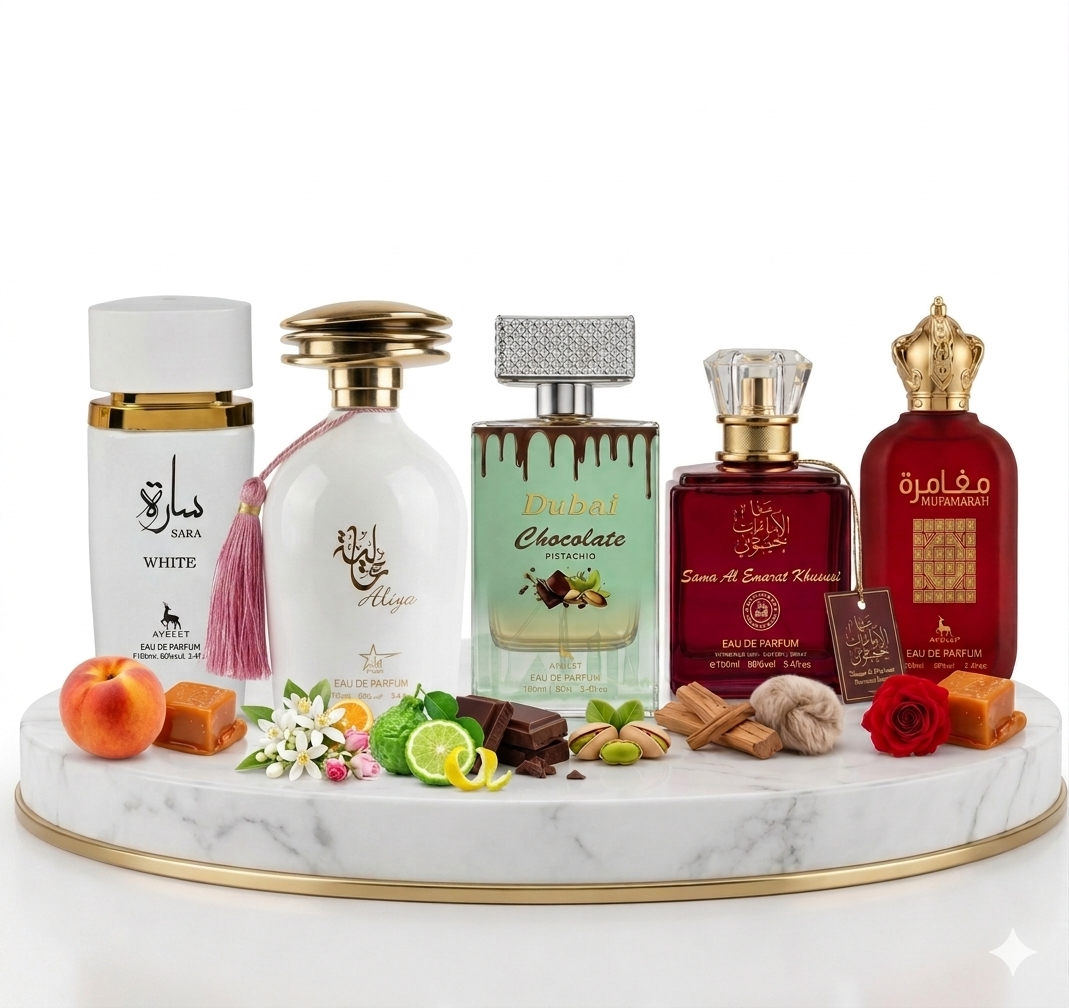 Set 5 Parfumuri Orientale Dama 100ML - Sara White + Aliya + Dubai Chocolate + Sama Emarat Khususi + Mufamarah
