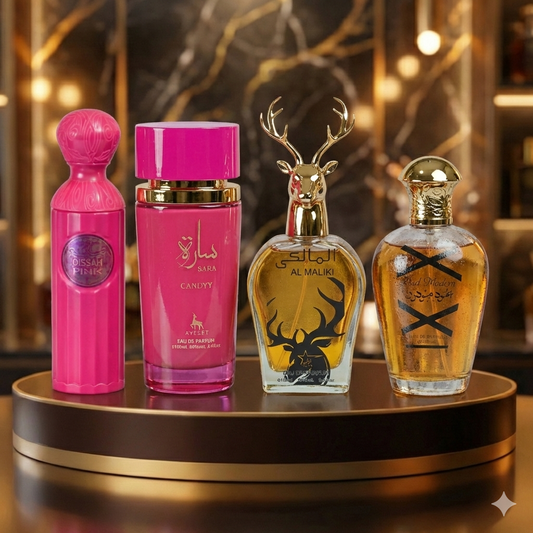 Set 4 Parfumuri Arabesti (2x Barbat + 2x Dama) 100ML - Sara Candy + Qissah Pink + Maliki + Oud Modern
