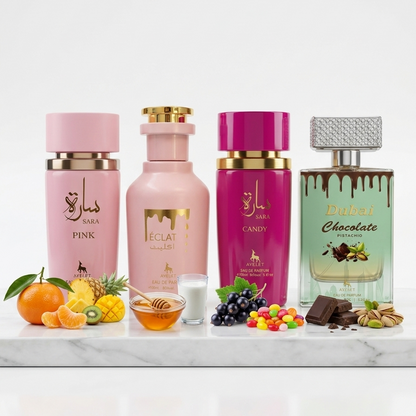 Set 4 Parfumuri Orientale de Dama - Sara Pink + Eclat + Sara Candy + Dubai Chocolate