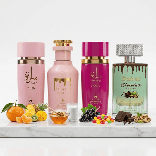 Set 4 Parfumuri Orientale de Dama - Sara Pink + Eclat + Sara Candy + Dubai Chocolate