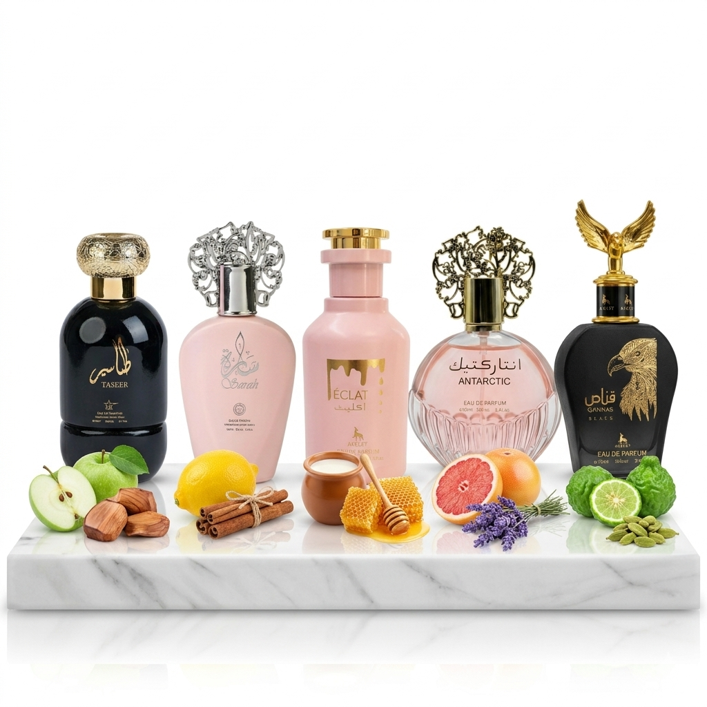Set 5 Parfumuri Orientale 100ML (3 Dama + 2 Barbat) - Taseer + Sarah + Eclat + Antarctic Pink + Qannas Black