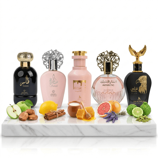 Set 5 Parfumuri Orientale 100ML (3 Dama + 2 Barbat) - Taseer + Sarah + Eclat + Antarctic Pink + Qannas Black