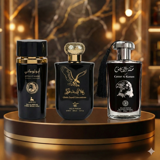 Set 3 Parfumuri Arabesti De Barbati 100ML - Apollo Mane Black + Ghala Zayed + Center Al Kanass Silver