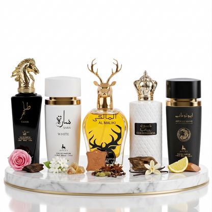 Set 5 Parfumuri Orientale 100ML (2 Dama + 3 Barbat) - Tahir + Sara White + Al Maliki + Oud Romancia + Apollo Mane