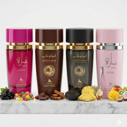 Set 4 Parfumuri Orientale 100ML (2 Dama + 2 Barbati) - Sara Candy + Apollo Mane + Apollo Mane + Sara Pink