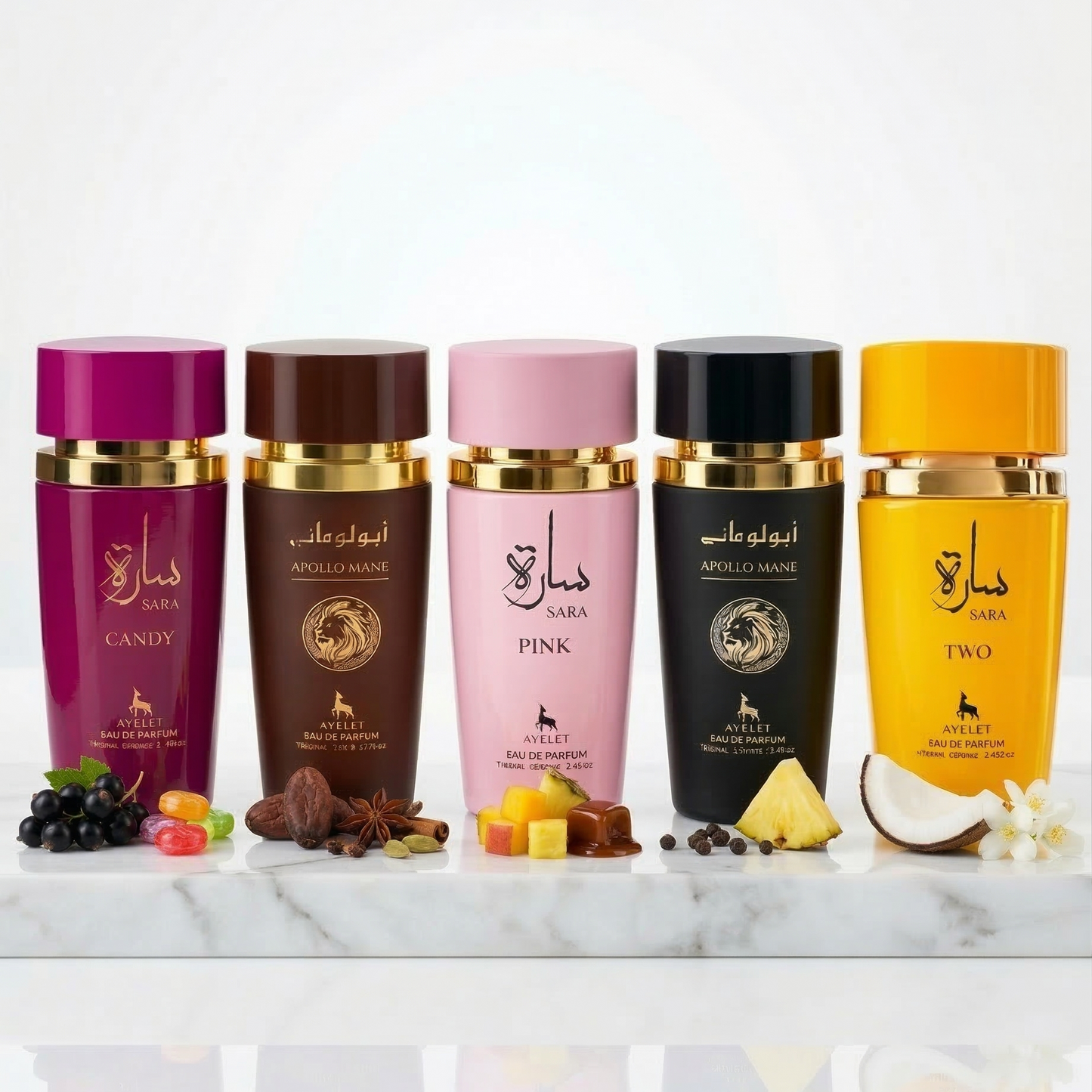 Set 5 Parfumuri Orientale 100ML (3 Dama + 2 Barbati) - Sara Candy + Apollo Mane Brown + Sara Pink + Apollo Mane Black + Sara Two