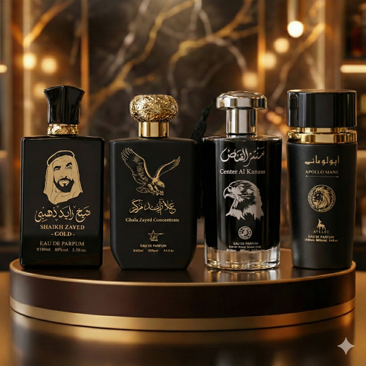 Set 4 Parfumuri Arabesti De Barbati 100ML - Sheikh Zayed Gold+ Ghala Zayed + Center Al Kanass Silver + Apollo Mane Black