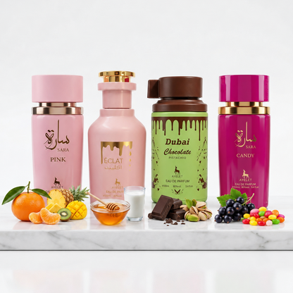 Set 4 Parfumuri Orientale de Dama - Sara Pink + Eclat + Sara Candy + Dubai Chocolate