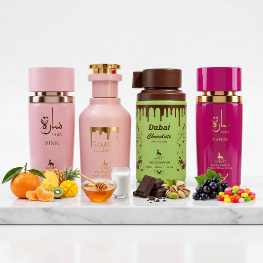 Set 4 Parfumuri Orientale de Dama - Sara Pink + Eclat + Sara Candy + Dubai Chocolate