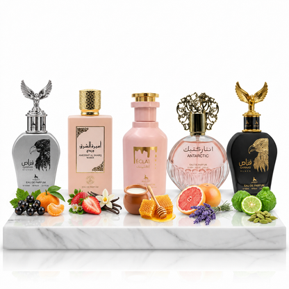 Set 5 Parfumuri Orientale 100ML (3 Dama + 2 Barbat) - Qannas Silver + Ameerat Al Sharq Wardi + Eclat + Antarctic Pink + Qannas Black