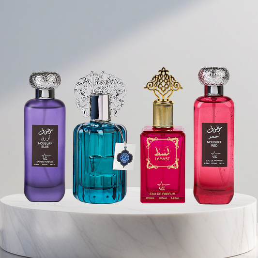 Set 4 Parfumuri Arabesti (2x Barbat + 2x Dama) - Mousuff Blue + Majd Al Emarat + Lamast + Mousuff red