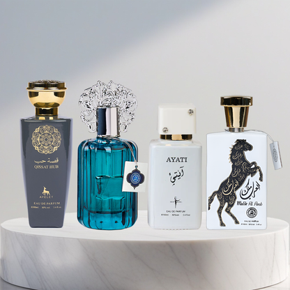 Set 4 Parfumuri Arabesti De Barbati 100ML - Qissat Hub Grey + Majd Al Emarat + Ayati White + Malik Al Arab