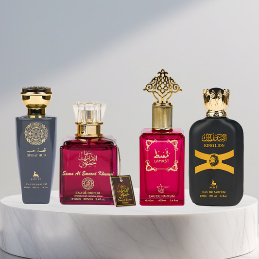 Set 4 Parfumuri Arabesti (2x Barbat + 2x Dama) - Qissat Hub Grey + Sama Al Emarat Khususi + Lamast + King Lion
