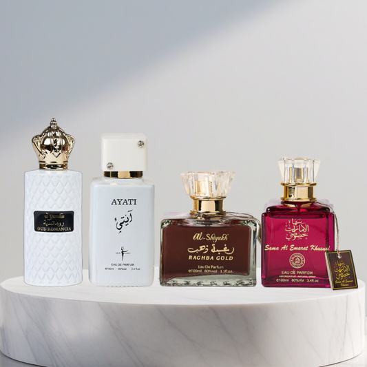 Set 4 Parfumuri Arabesti (2x Barbat + 2x Dama) - Oud Romancia + Ayati + Raghba Gold + Sama Al Emarat Khususi