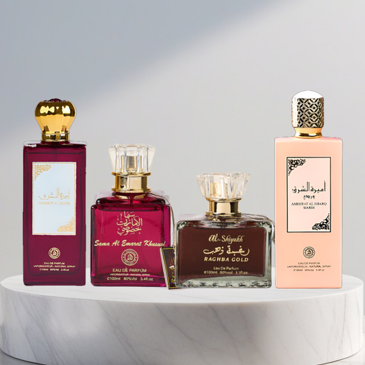 Set 4 Parfumuri Arabesti De Femei - Ameerat Al Sharq + Sama Al Emarat Khususi + Raghba Gold + Ameerat Al Sharq Wardi
