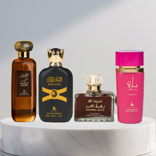 Set 4 Parfumuri Arabesti (2x Barbat + 2x Dama) - Mousuff Brown + King Lion + Raghba Gold + Sara Candy