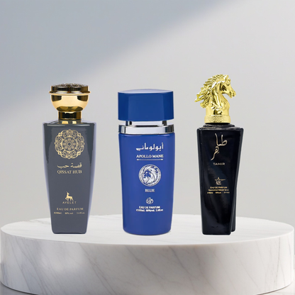 Set 3 Parfumuri Arabesti De Barbati -  Apollo Mane Blue + Qissat Hub Grey + Tahir