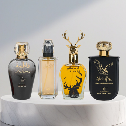 Set 4 Parfumuri Arabesti (2x Barbat + 2x Dama) 100ML - Fatima Black + Attar Al Safwaan + Maliki + Ghala Zayed
