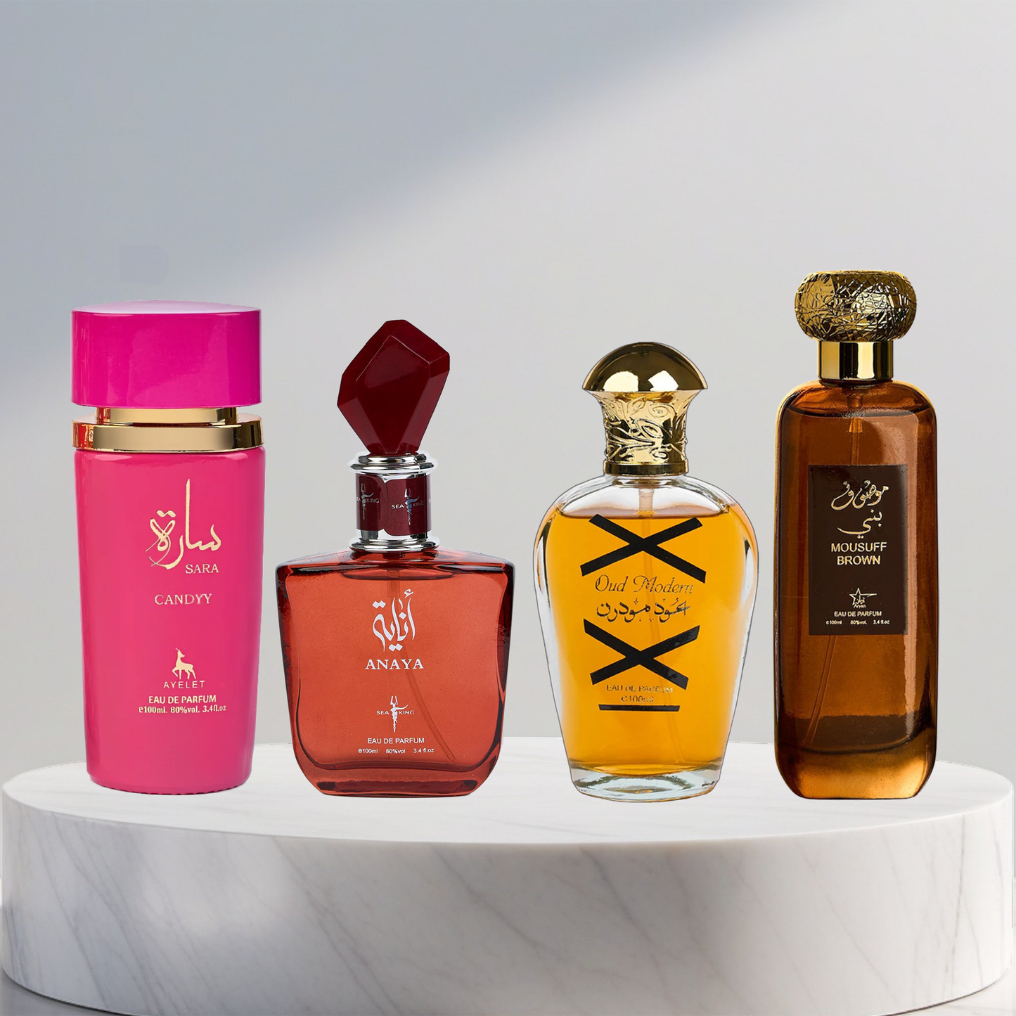 Set 4 Parfumuri Arabesti (2x Barbat + 2x Dama) - Sara Candy + Anaya + Oud Modern + Mousuff Brown