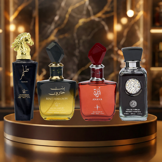 Set 4 Parfumuri Arabesti (2x Barbat + 2x Dama) 100ML - Tahir + Bint Haroon + Anaya + Crystal Black