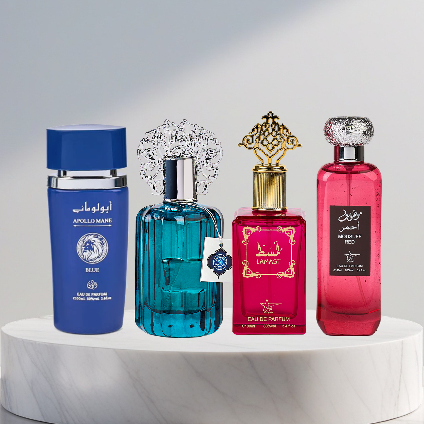 Set 4 Parfumuri Arabesti (2x Barbat + 2x Dama) - Apollo Mane Blue + Majd Al Emarat + Lamast + Mousuff red